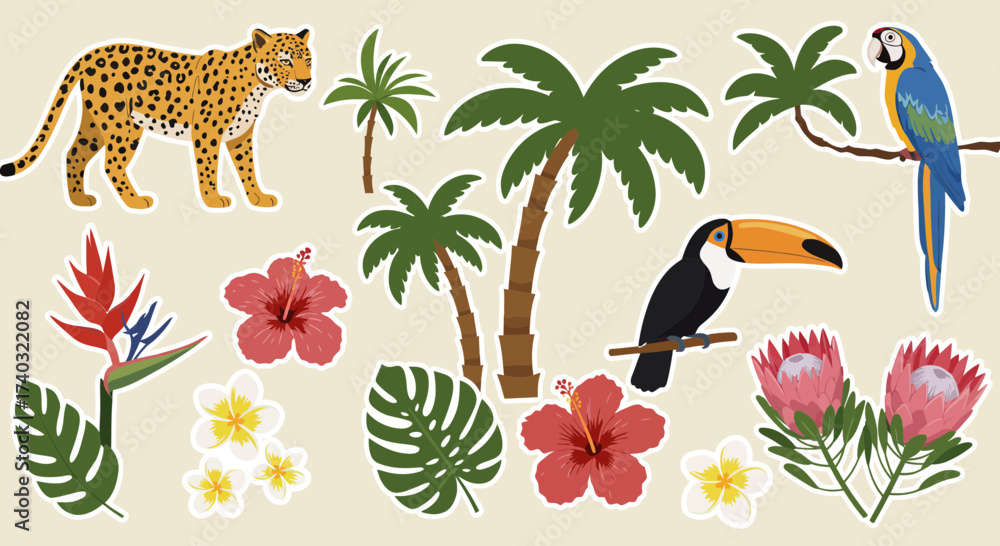 Obraz premium Vibrant tropical elements illustration featuring animals, plants, and flowers
