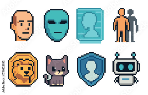 Collection of pixel art avatars and icons with animals and robots