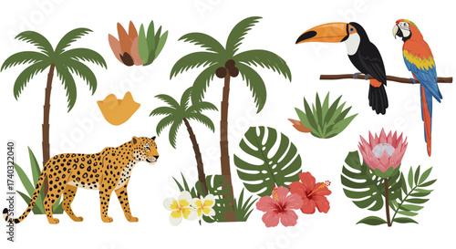 Tropical Wildlife Illustration Featuring Exotic Animals and Lush Vegetation