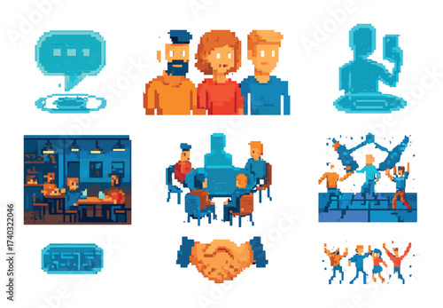 Pixel art: diverse social interactions in digital spaces with neon effects