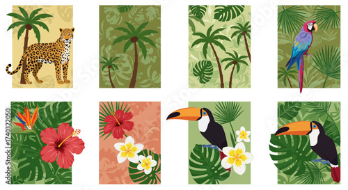 Colorful tropical vector illustration collection featuring jungle animals and plants