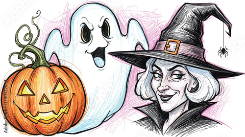 A vintage-style hand-drawn illustration featuring a classic Halloween trio a spooky witch, a ghostly figure, and a grinning jack-o'-lantern