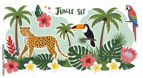 Vibrant Jungle Set Illustration Featuring Exotic Animals and Tropical Foliage Design