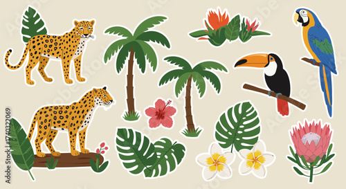 Vibrant tropical illustration featuring animals, plants, and exotic flora and fauna