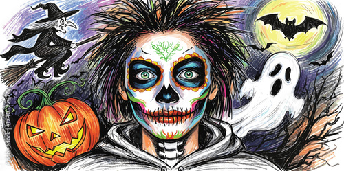 Vibrant and spooky hand-drawn jack-o'-lantern illustration with a menacing grin, glowing eyes, and a festive autumn spirit, perfect for Halloween themes and seasonal decorations