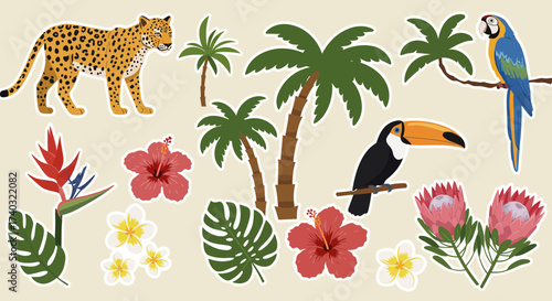 Vibrant tropical elements illustration featuring animals, plants, and flowers