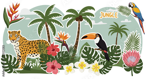 Exotic Jungle Illustration Featuring Jaguar, Toucan, Macaw and Tropical Flora