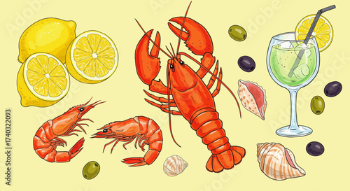 Seafood illustration with lobster, shrimps, cocktail and lemons for restaurant menu