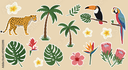Vibrant tropical sticker set featuring exotic animals, plants and flowers