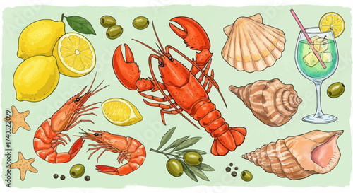 Hand Drawn Seafood Still Life Featuring Lobster, Shrimp, and Citrus Fruits