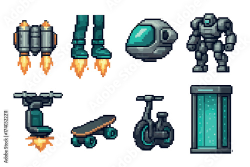 Pixel art collection of futuristic gadgets and vehicles featuring robots and jetpacks