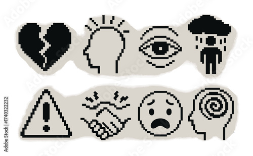Pixel art depicting mental health symbols and human emotions