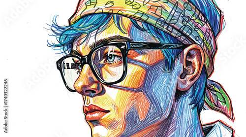 Portrait of a Young Person with Glasses and a Colorful Bandana in Artistic Style