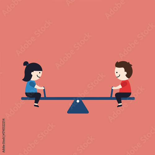 Two children on a seesaw, one on each side, appearing balanced