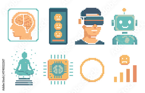 Pixel art technology icons featuring ai, virtual reality, and meditation themes