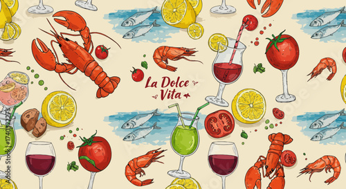 Seamless Pattern of Italian Cuisine and Drinks, La Dolce Vita Themed Backdrop