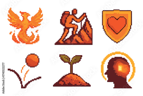 Vibrant pixel art icons: phoenix, hiker, heart, ball, plant, enlightenment silhouettes