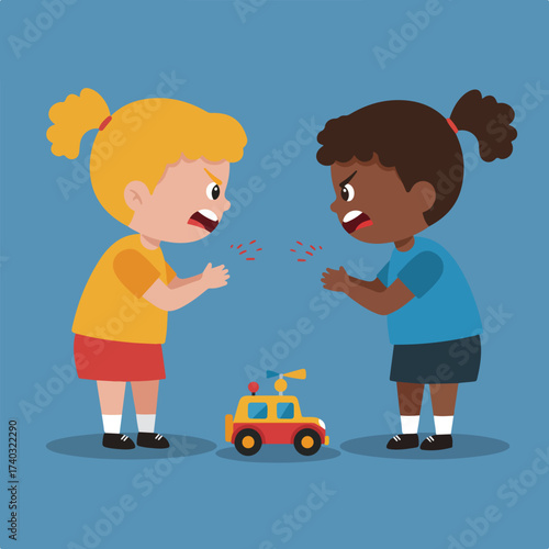 Two children arguing over a toy car