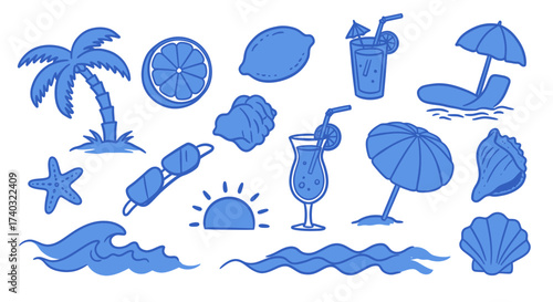 Illustration of summer vacation elements including palm trees and cocktails