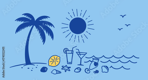 Summer beach scene illustration with palm tree and tropical drinks on light blue background