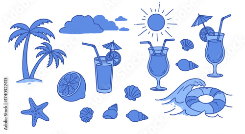 Vibrant summer themed doodle illustration featuring beach and vacation elements