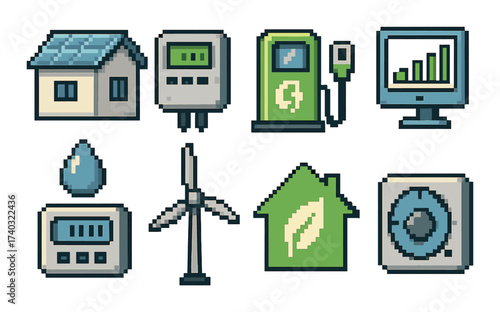 Pixel art renewable energy icons with solar panel, wind turbine, and eco-friendly symbols
