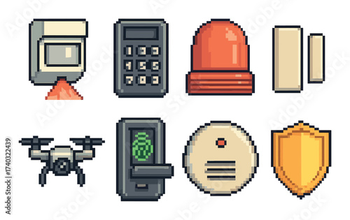 Pixel art security gadgets: alarm, drone, fingerprint scanner, shield, siren, smoke detector