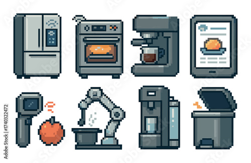 Pixel art kitchen gadgets: refrigerator, oven, coffee maker, tablet, camcorder, robotic arm