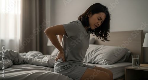 Woman Suffering from Back Pain While Sitting on Bed