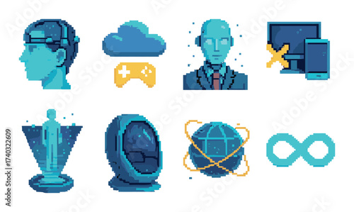 Futuristic pixel art icons: ai, cloud, gaming, technology, virtual reality, infinity