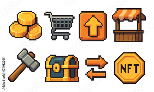 Retro pixel art icons set featuring coins, shopping cart, arrow, market stall, hammer, treasure chest, exchange, nft