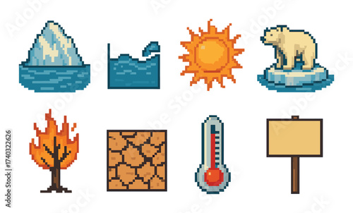 Pixel art climate change icons: iceberg, sun, polar bear, fire, drought, thermometer, sign