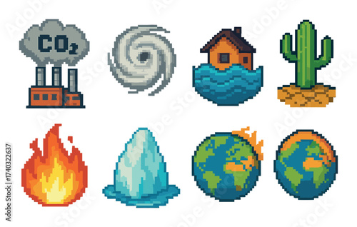 Pixel art climate change symbols: co2, hurricane, flood, cactus, fire, iceberg, earth in pixels