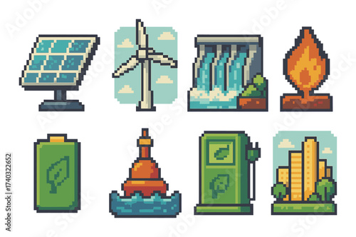 Pixel art icons of renewable energy sources: wind, solar, hydroelectric, biomass, and sustainable cities