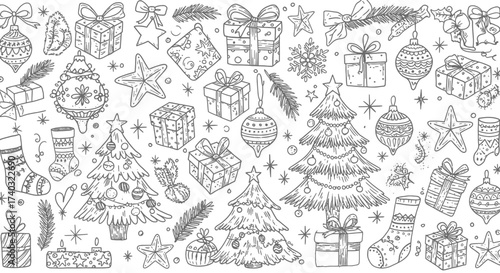 Hand-drawn Christmas and New Year elements in doodle style seamless pattern