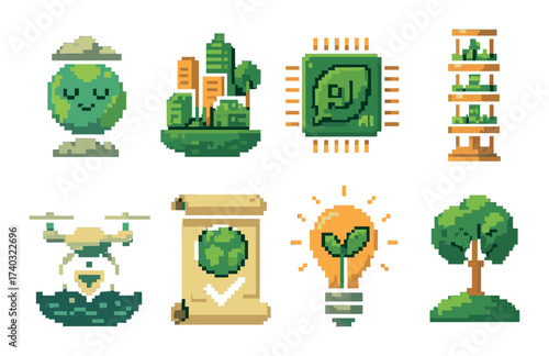Retro pixel art icons highlighting eco-friendly technology and sustainability