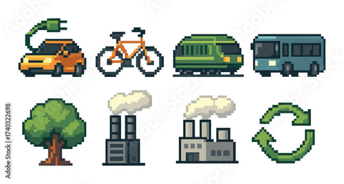 Pixel art transportation and environmental icons featuring car, bicycle, train, bus, tree, factories, renewable symbol