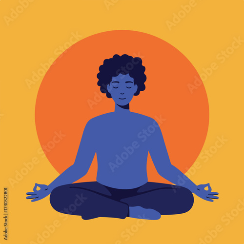 Person in lotus pose with eyes closed and hands in mudra, centered against sun-like circle
