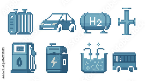 Pixel art icons of hydrogen energy: car, tank, generator, and bus representations