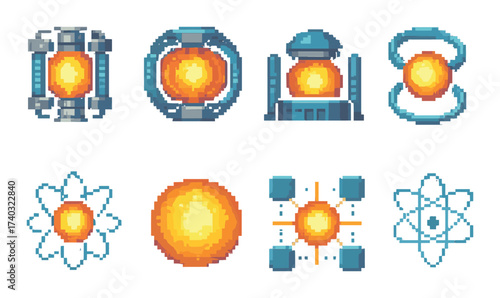 Pixel art sci-fi energy cores: eight glowing designs in blue and orange