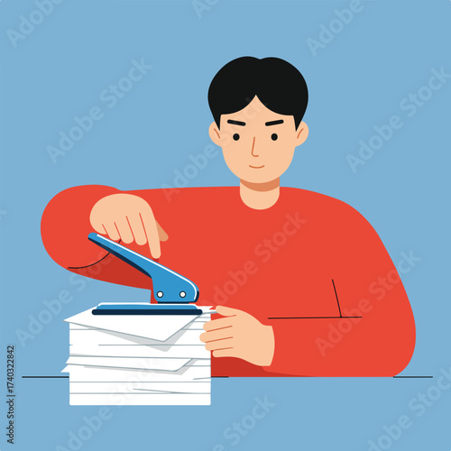 Person with red shirt punching holes in stack of papers