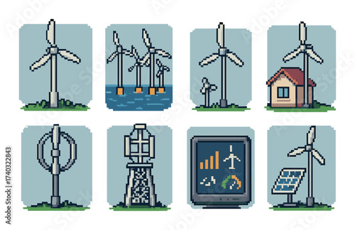 Pixel art depicting various wind turbines and clean energy sources