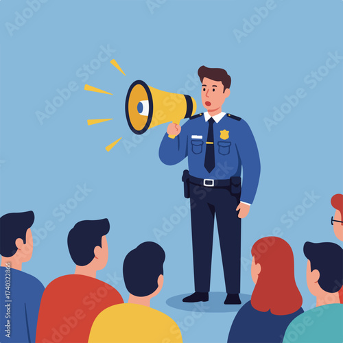 Officer addresses crowd with megaphone