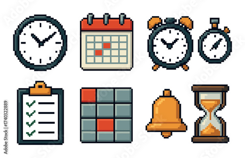 Pixel art time management icons with clocks, calendar, stopwatch, checklist, and hourglass