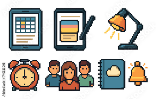 Retro pixel art office tools and team with calendar, tablet, lamp, and alarm clock