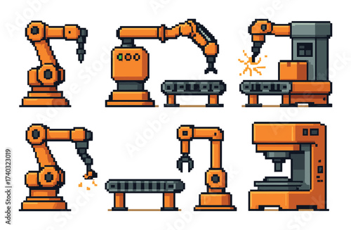 Pixel art industrial robots in various poses on yellow background