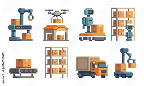 Pixel art of automated logistics and robotics in a warehouse setting