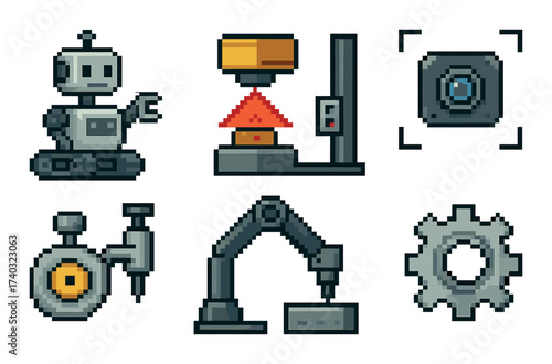 Pixel art robot and machinery icons with industrial theme