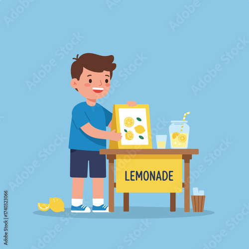 A boy proudly displays his lemonade stand, complete with fresh lemons, drinks, and a sign