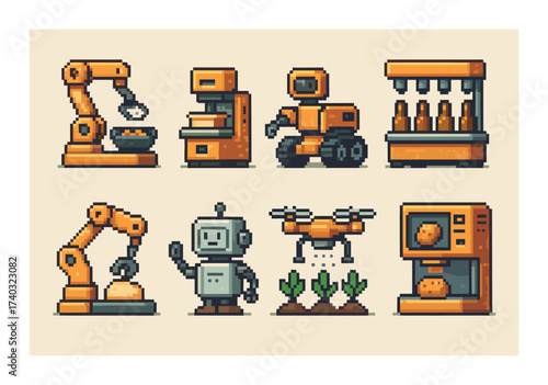 Pixel art robotics: industrial and household robots in retro style